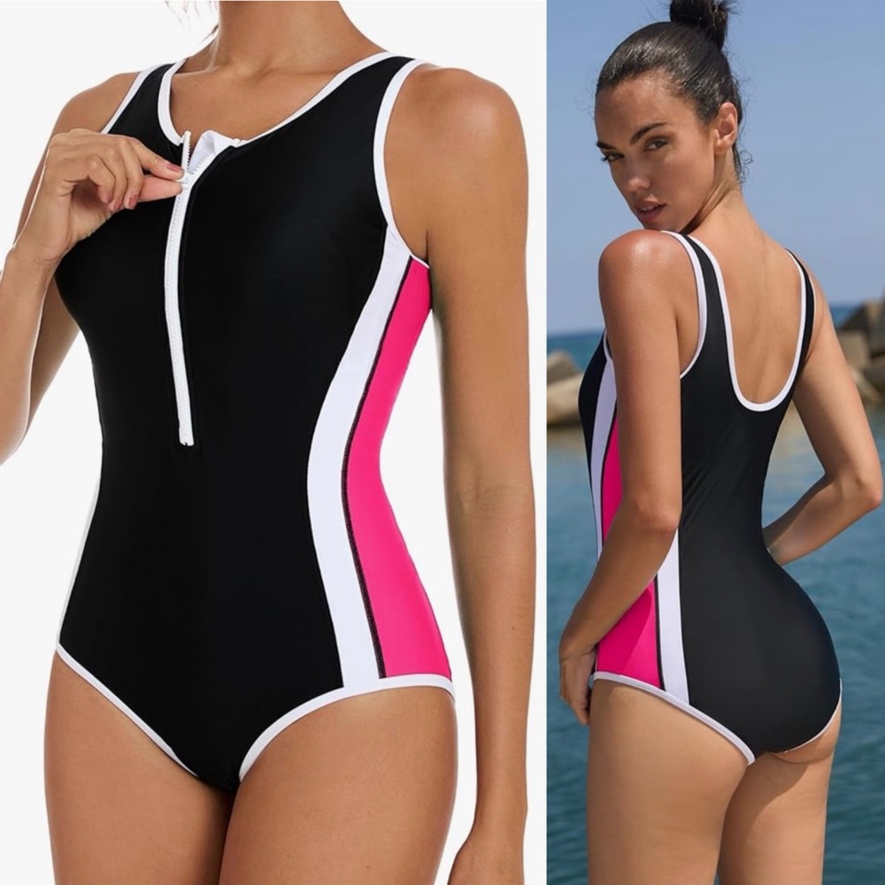 Athletic Swimsuit Women One Piece Bathing Suit Zipper Front Lap Swimwear Size XL